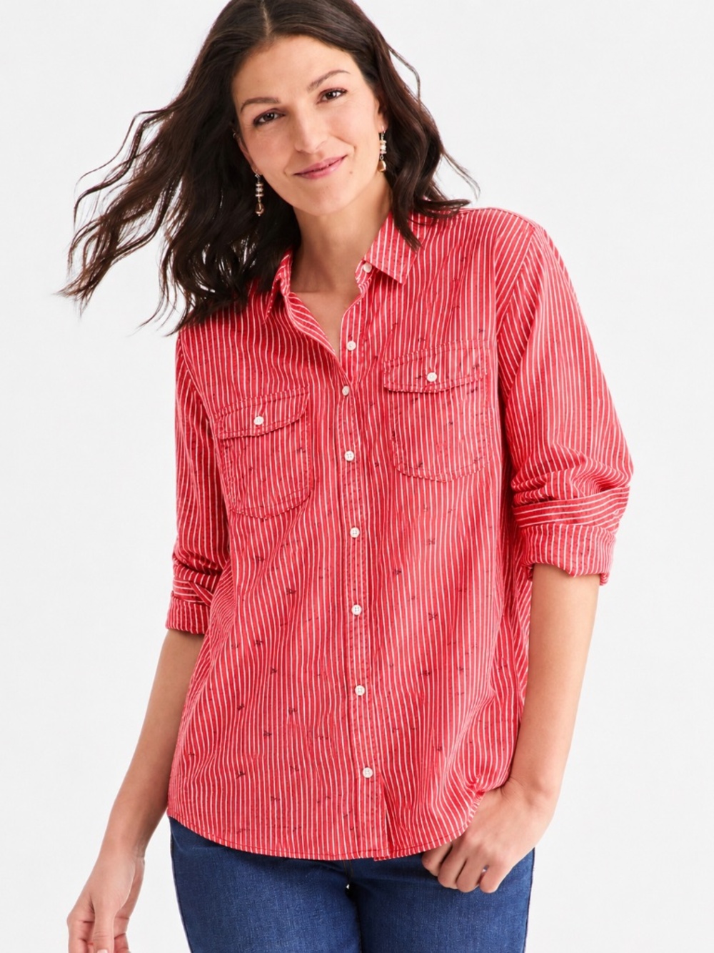 Classic Americana Butterfly Stripe Cotton Button Front Shirt Relaxed Fit 1X